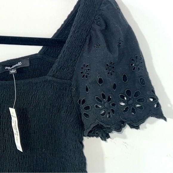 NWT Madewell Eyelet Lucie Square Neck Smocked Short Eyelet Sleeve Top Black S - Picture 5 of 13